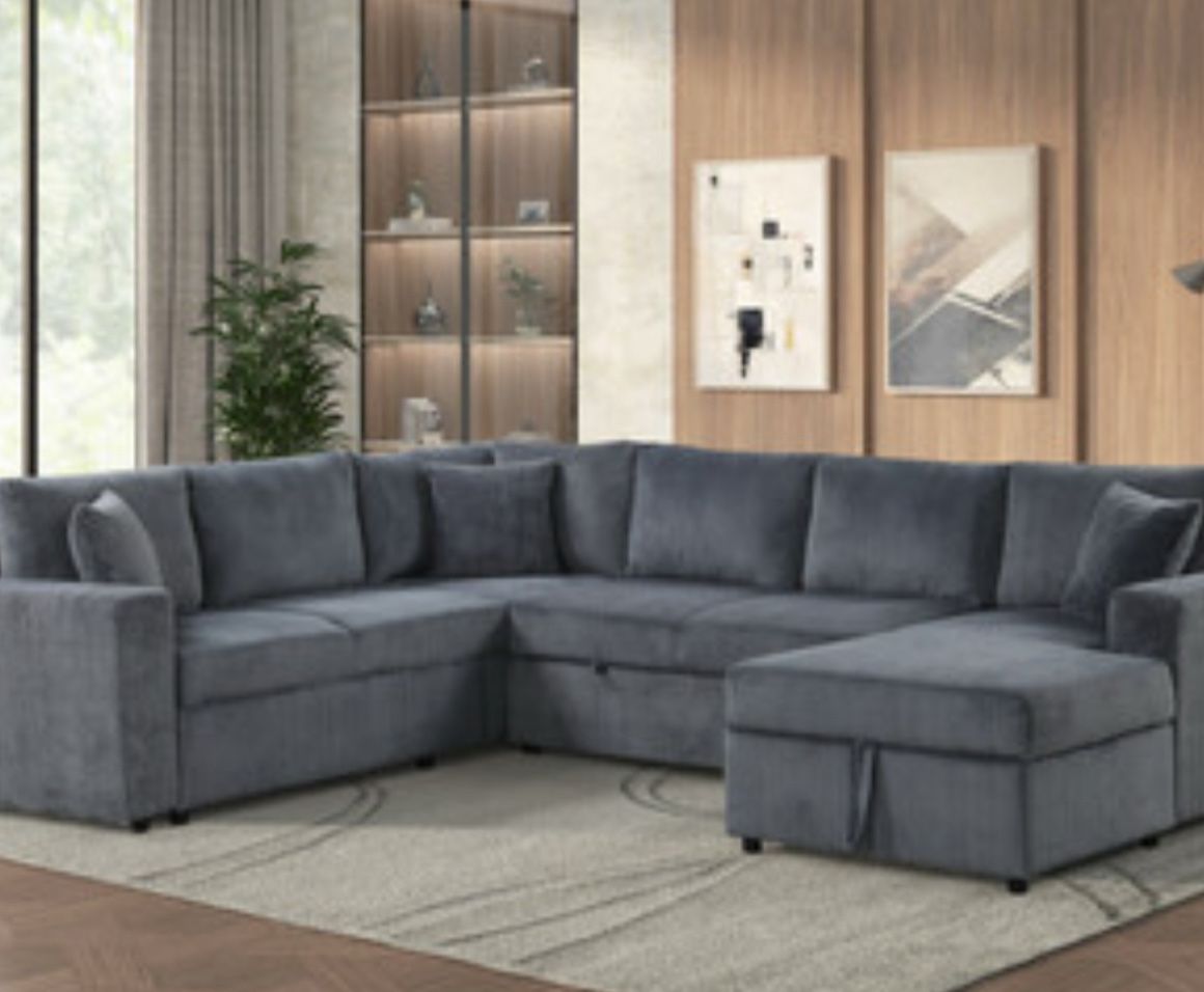 123"W Gray Corduroy Sleeper Sectional Sofa with Right-Facing Storage Chaise and Throw Pillows