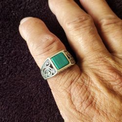 Vintage 60'S Sterling Silver Malachite Mens Ring 