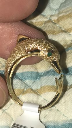 14k beautiful open tail dolphin Ring with emerald eyes