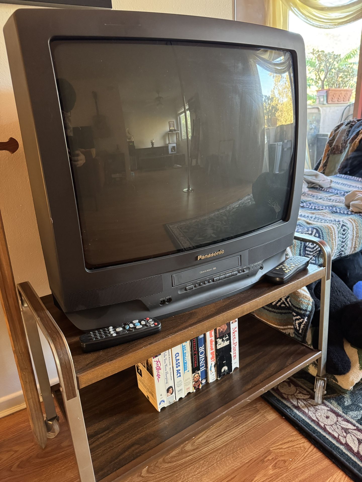 Vintage Panasonic CRT TV with VHS Player + Rolling Mid-Century Stand