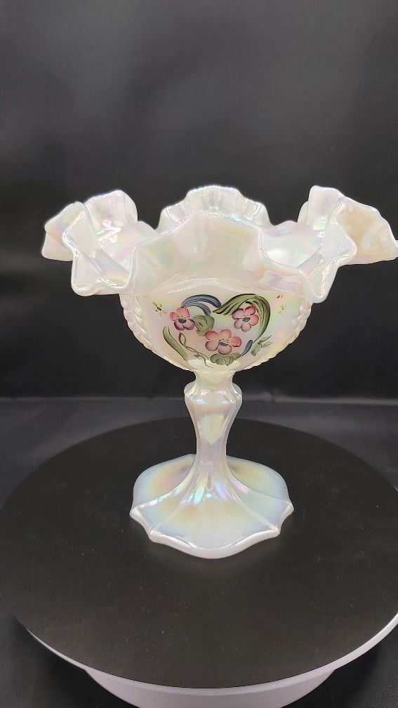 Gorgeous Vintage Handpainted & Signed Pearlescent Milkglass Compote/ Candy Dish 