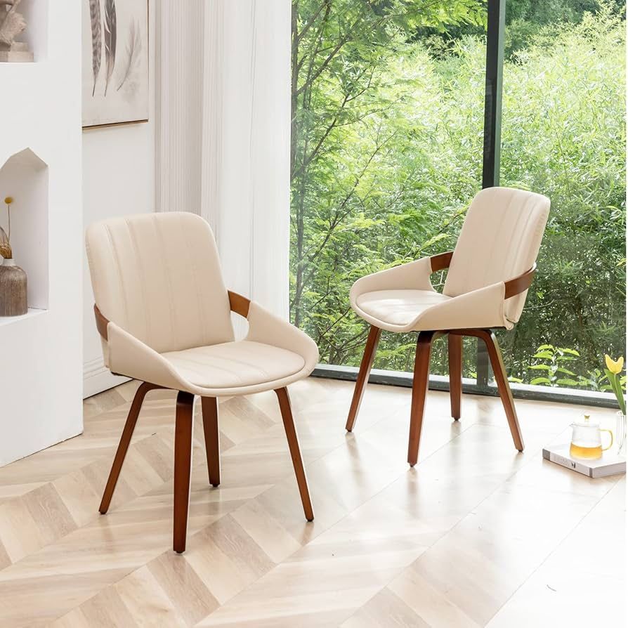 Mid Century Modern Beige Faux Leather Upholstered Dining Chairs Set of 2,Armless Accent Chairs with Sturdy Natural Wood Legs,Bamboo Backrest Support f