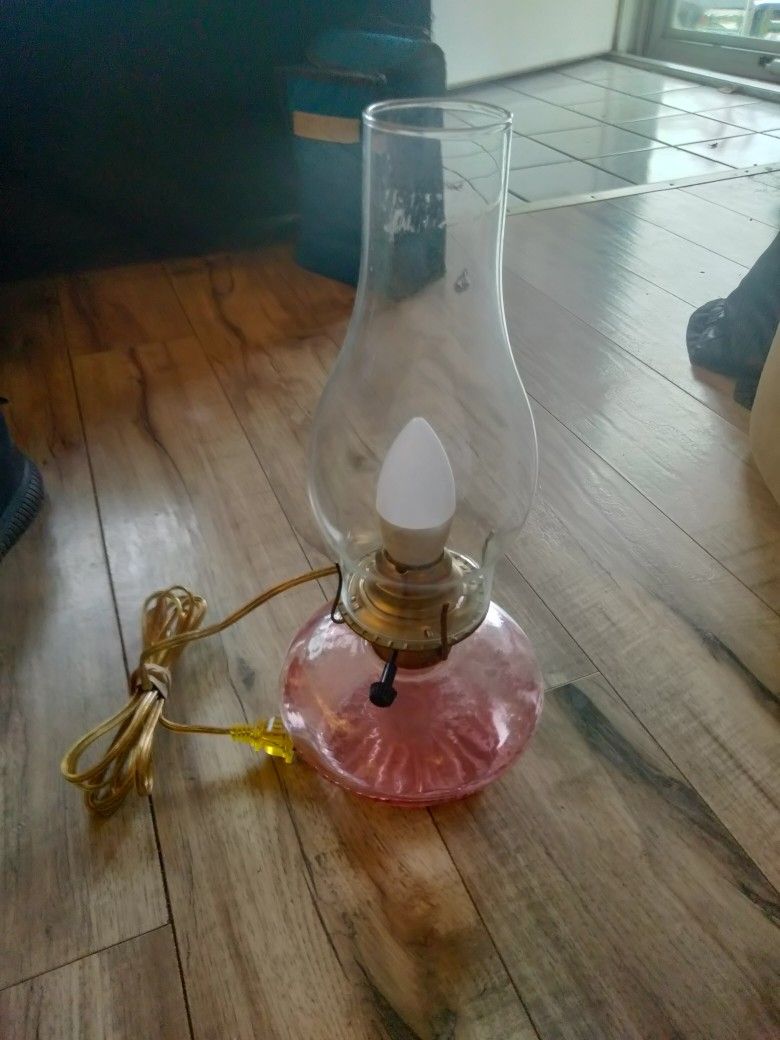 Depression Glass Pink Oil Hurricane Lamp With Electric Light Bulb Adapter