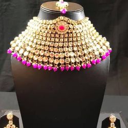 Pink Kundan Necklace Set With Earrings And Head Piece