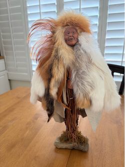 Handcrafted Native American Shaman Figurine with Fur and Feathers