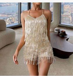 Gold fringe romper layered mini dress