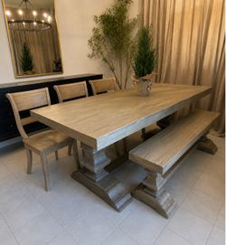 Pottery Barn Banks Dining Table (76”) Bench and Chairs (x3)