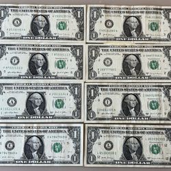 8 FANCY SERIAL NUMBER ONE DOLLAR BILL NOTES!! LOOK!!