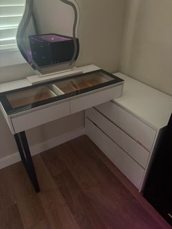 White Vanity Desk with Glass Top Drawer