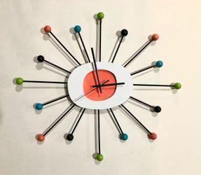 Orange STARBURST CLOCK Mid Century Modern ball style wall art clock. Retro Atomic style of George Nelson.