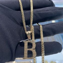 14k solid gold miami cubana and letter B pendant ,  necklance gold