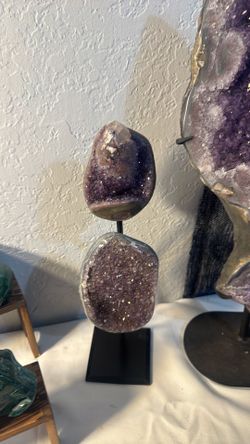 Double amethyst on stand