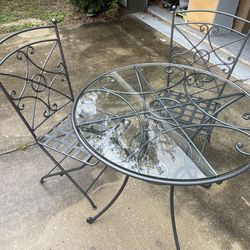 Iron Bistro Table w/ Glass Top & Folding Chairs