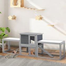 Rabbit Hutch, COZIWOW 94'' Wooden Large Bunny Hutch with Pull Guinea Pig House Chincken Coop Gray, NEW