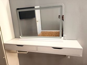 White Floating Vanity Desk with LED Mirror