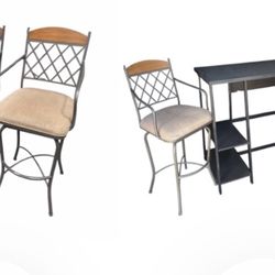 3 pc: tall bar table $25 , 2 wrought iron upholstered swivel bar chair $15 ea,