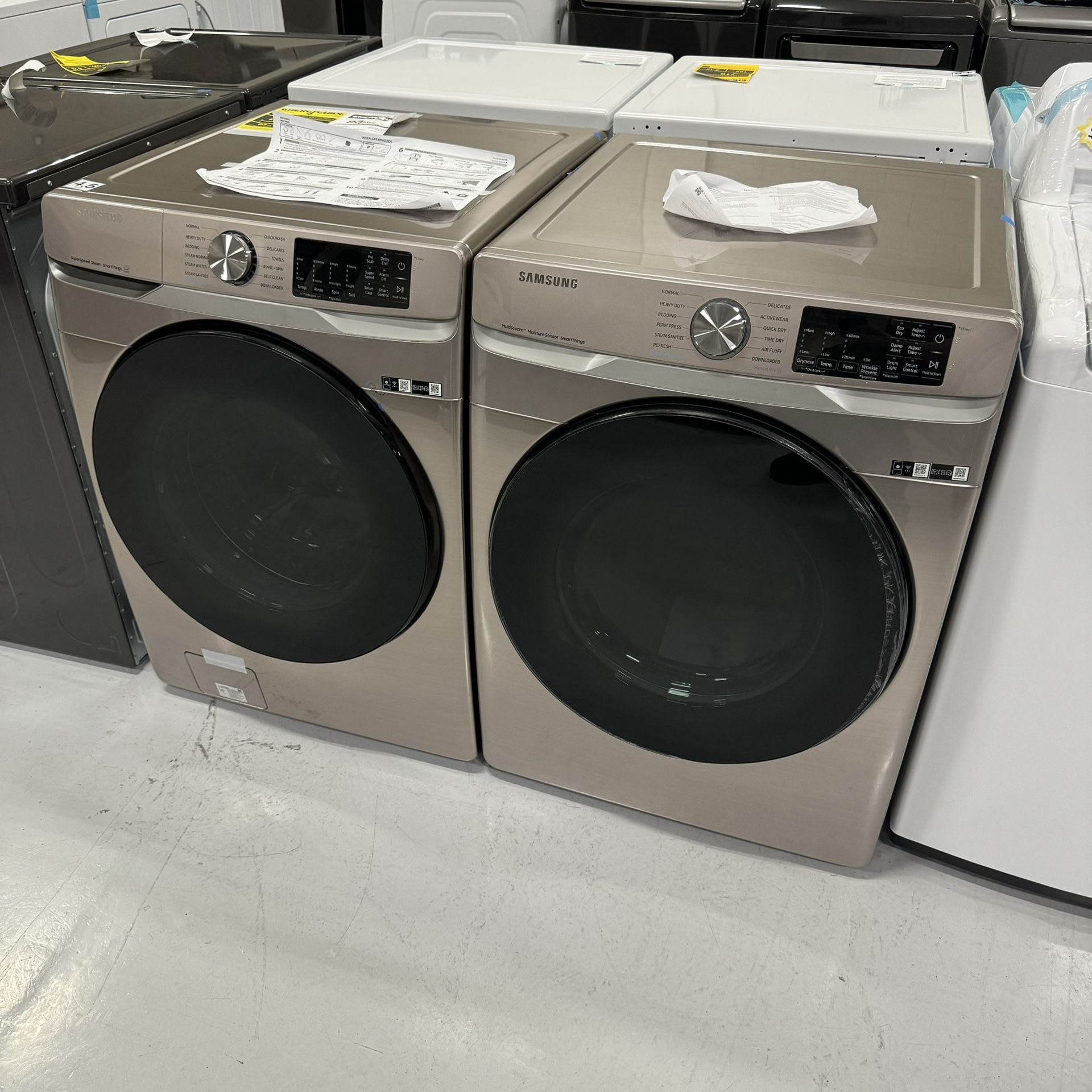 NEW Samsung Champagne Front Load Washer & Electric Dryer Set w/Steam