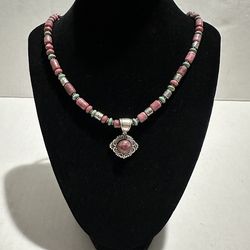 Vintage Carolyn Pollack Sterling Silver Rhodochrosite & Unakite Gem Necklace   Never worn