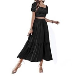 Women's 2 Pcs Outfits Wrap Tie Short Sleeve Crop Top Ruffle Maxi Skirt Set