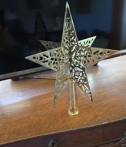 1980 Hallmark Golden Brass Star Christmas Tree Topper with free 1991 Hallmark Santa & reindeer Christmas bulb ornament