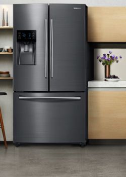 The Samsung RF263BEAESG/AA is a 24.6 cu. ft. capacity 3-door French Door refrigerator in fingerprint-resistant Black Stainless Steel,