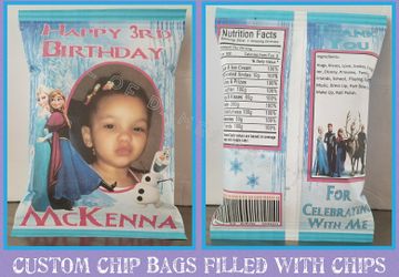 Disney Frozen themed party favors, decorations treat bags filled with chips