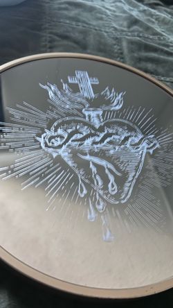 Etched sacred heart glass panel, hand made