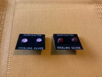Handcrafted 925 Sterling Silver Round Gemstone Stud Earrings Lot 2 Pair Pink Red