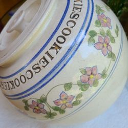 Vintage Farmhouse  Cookie Jar clay Ironstone Blue Mauve Floral Cookie Round Canister Bowl