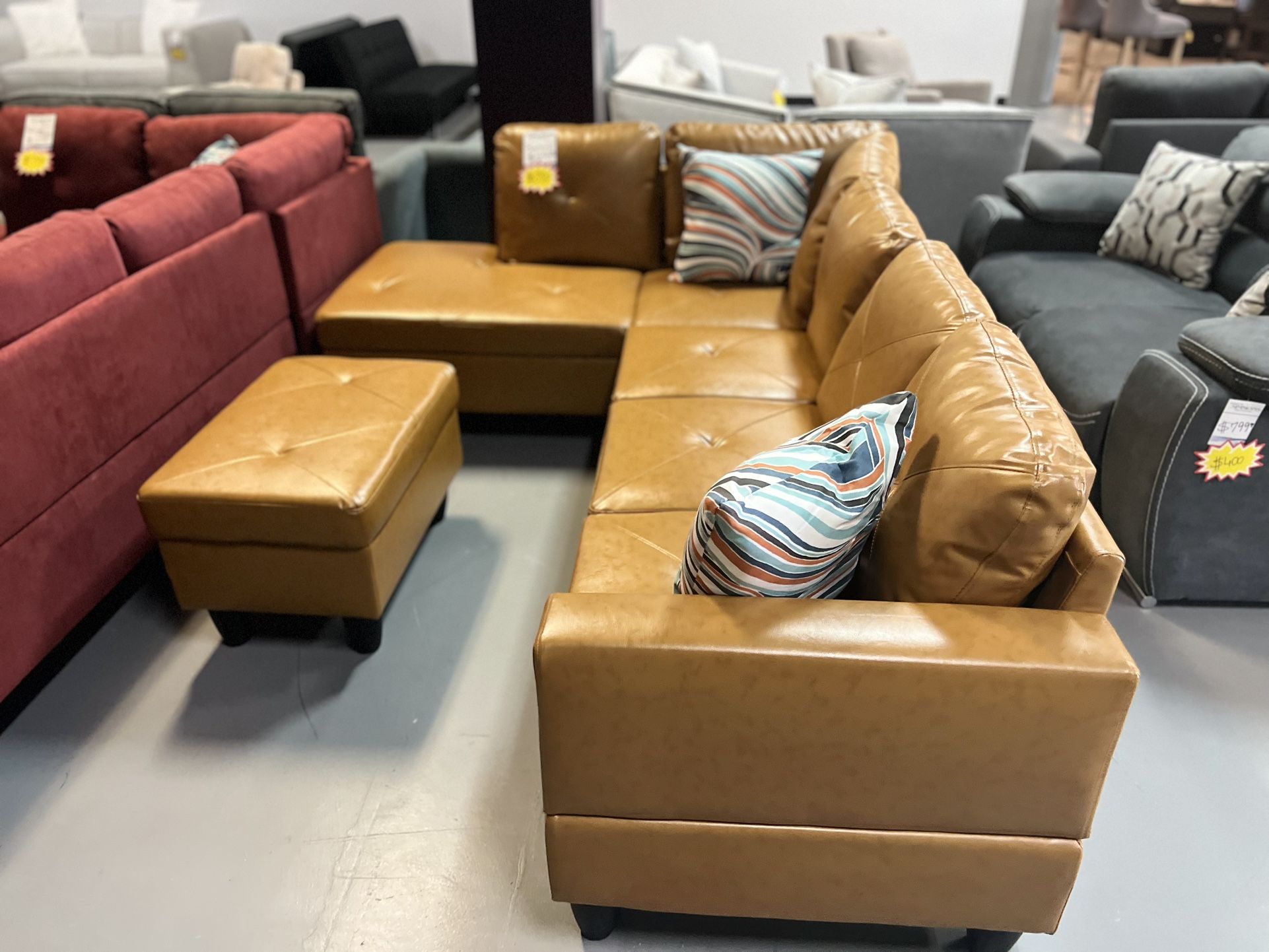 Mustard Leather Sectional & Ottoman w/storage