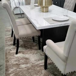 Marble Dining Table - Beige Tufted Chairs