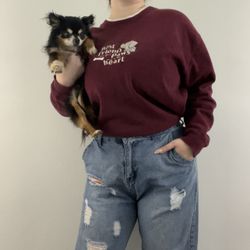 Vintage 90s Maroon Deep Red Dog Embroidered Chunky Oversized Pullover Sweatshirt