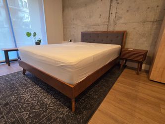 Mid-Century Wood Platform Bed Frame with Upholstered Headboard