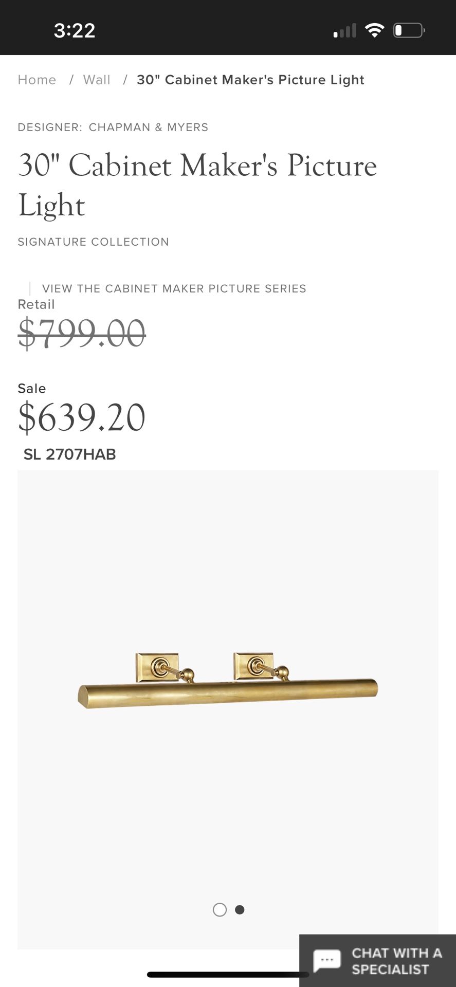 Chapman & Myers 30" Cabinet Maker's Picture Light Hand Rubbed Antique Brass Visual Comfort SL2707HAB