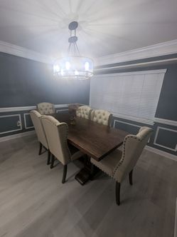 Modern Rustic Dining Table & 6 Upholstered Chairs