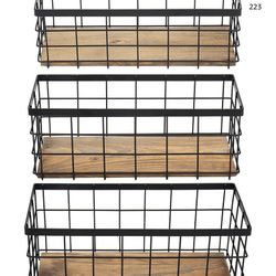 Brand New TIEYIPIN Farmhouse Decor Metal Wire Storage Baskets, Wood Base Containers set of 3 