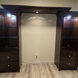 Large Dark Wood Entertainment Center/Book Case/Media Center with Glass Shelves and Drawers | 4 Piece