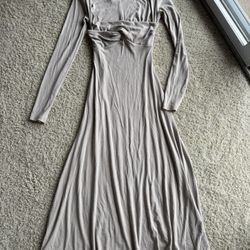 Grey long-sleeve midi dress — S