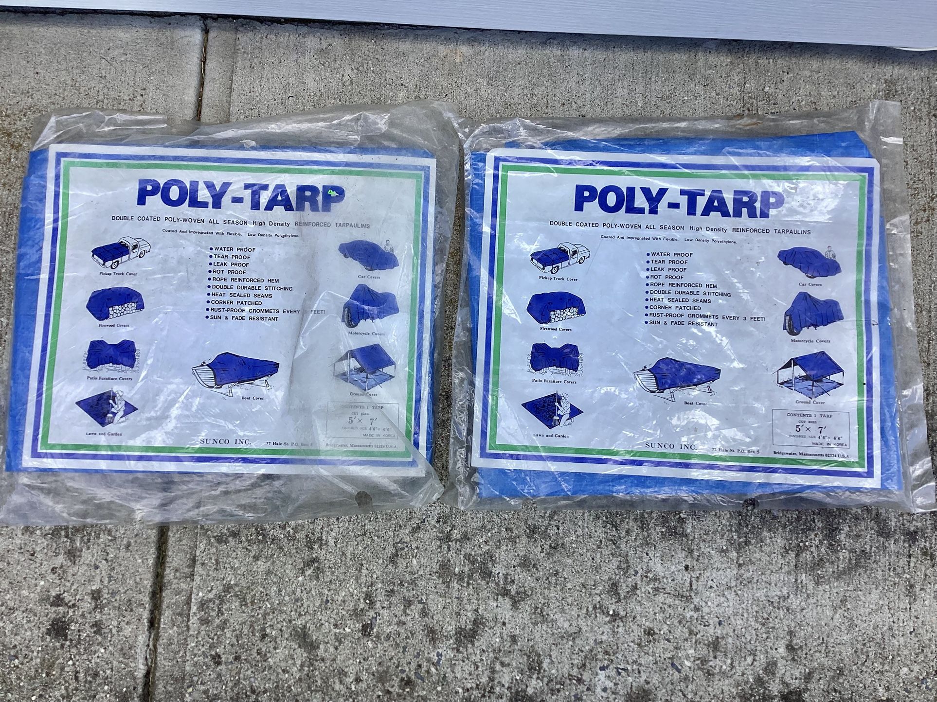 2 NEW, SEALED Poly-Tarp Waterproof 5’ x 7’ All Seasons Blue Reinforced Tarpaulins Covers