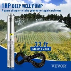 Deep Well Submersible Pump, 1HP 230V/60Hz, 37gpm Flow 207ft Head, with 33ft Electric Cord, 4" Stainless Steel Water Pump for Industrial, Irrigation&Ho