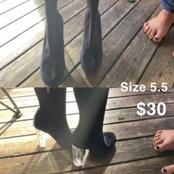 Black knee-high velvet Boots with is clear heels Size 5.5