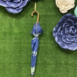 Vintage Blue Floral Umbrella With Embellished Gold Handle