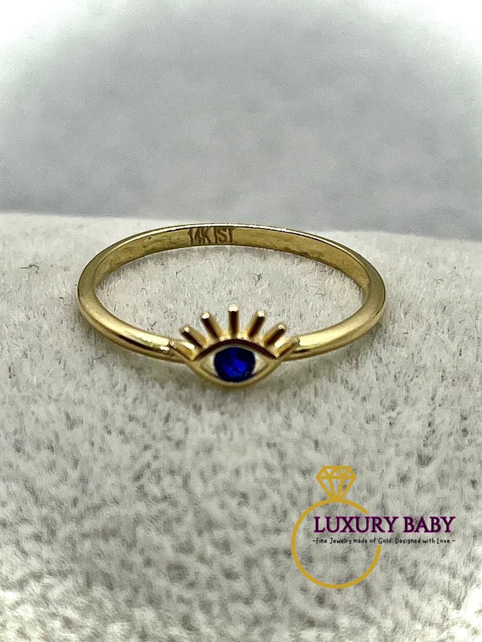 14K Yellow Gold - Blue Evil Eye Ring SIZE 6.5
