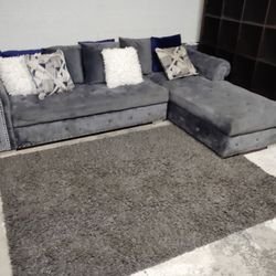 Modern Gray Velvet Sectional Sofa with Chaise & Nailhead Trim