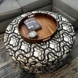 Fabric Cocktail Ottoman w/ Bamboo Tray