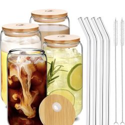 Drinking Glasses with Bamboo Lids and Glass Straw 4pcs Set - 16oz