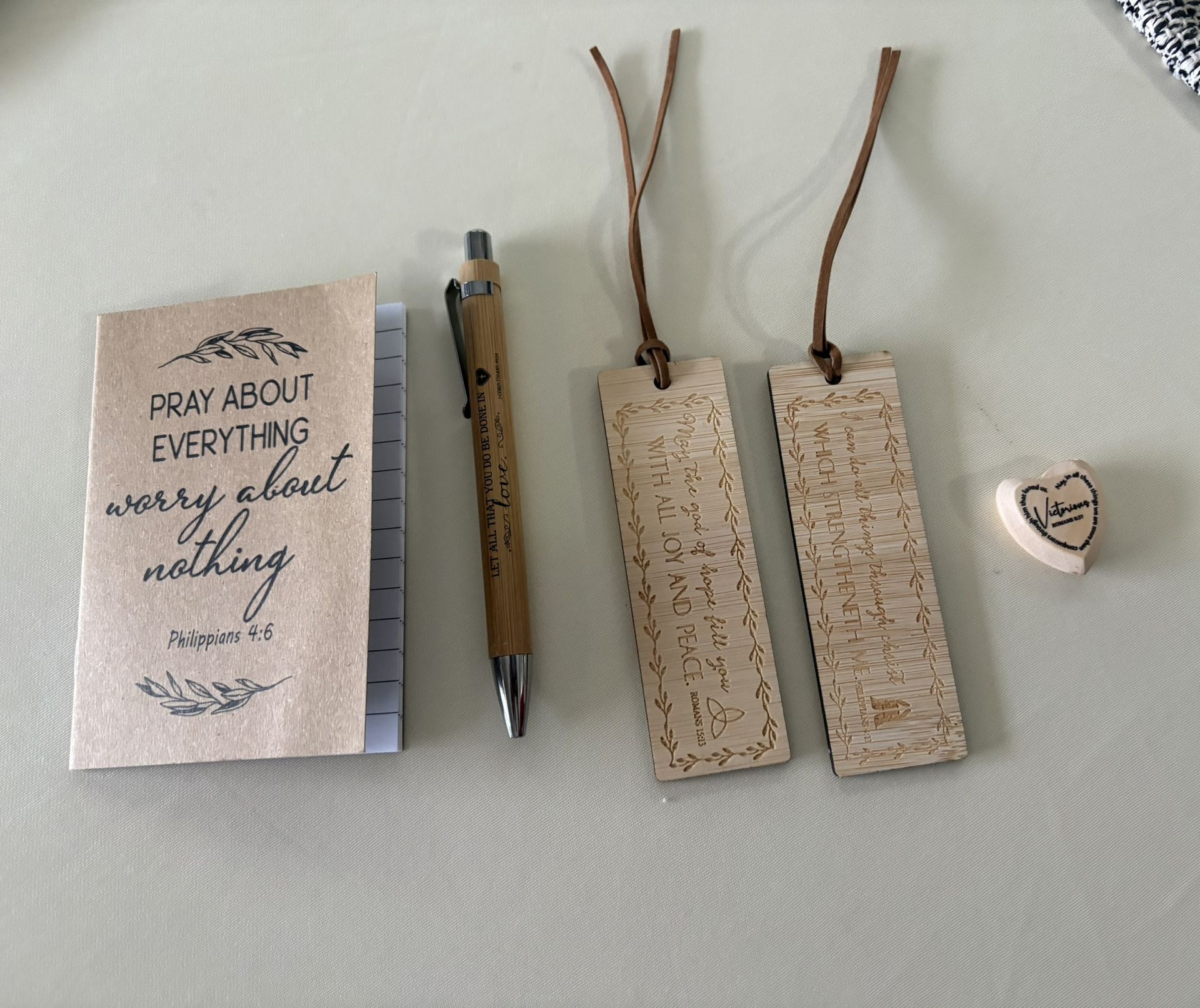 Small Notebook, Pen, 2 Bookmarks, and Wooden Heart Token