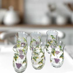 6 Vintage Romanian Hand Painted Grapes/Grapevines Gold Trim Water Glasses 