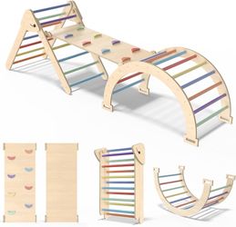 New -7 in 1  Pikler Triangle Set, Foldable Wooden Pickler-3 Piece Climbing Gym Climbing Toys Indoor with Arch, Ramp, Ladder