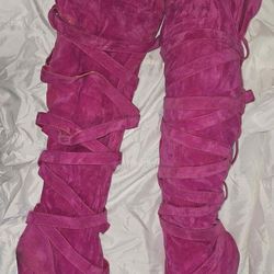 Womens Size 11 Hot Pink Over The Knee Stiletto Boots Suede Strappy New